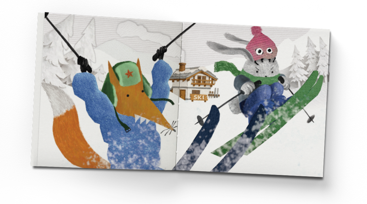 Foxy and Bunny skiing collage illustration